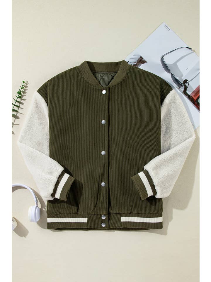 PRETTY BASH - Wholesale Bomber jacket – Women’s - Colorblock Corduroy Fleece Patchwork Button-Up Bomber Jacket5