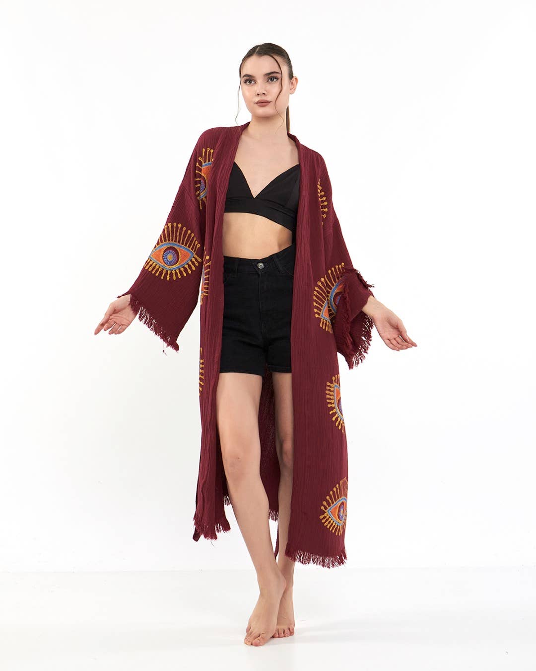 Yaz Concepts - Wholesale Kimono - Women's - Burgundy Evil Eye Print Bathrobe Festival Kimono Robe 12