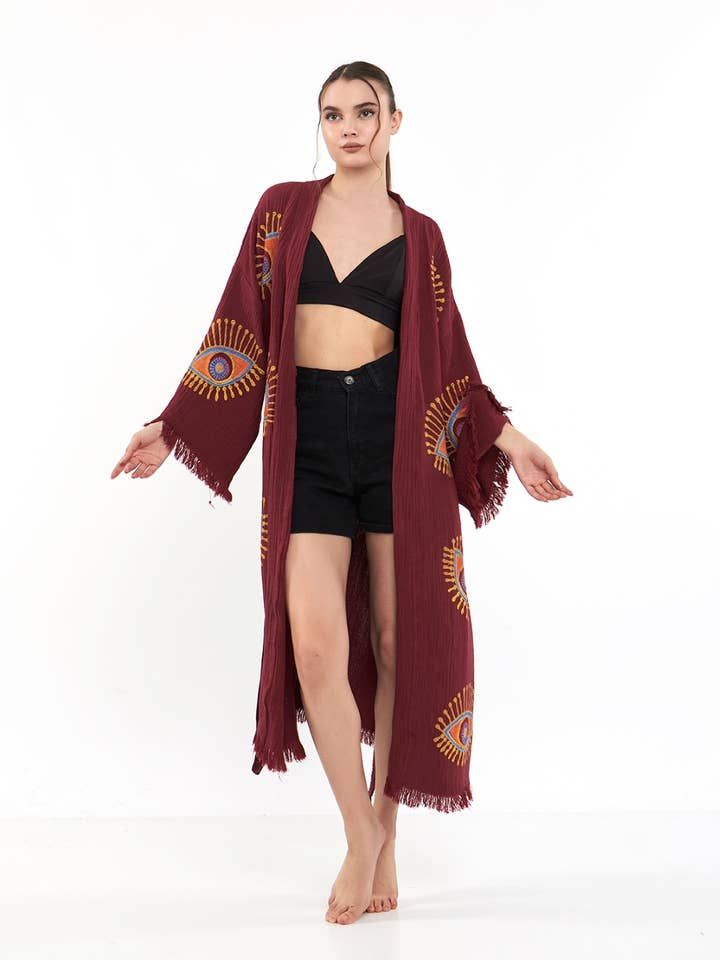 Yaz Concepts - Wholesale Kimono - Women's - Burgundy Evil Eye Print Bathrobe Festival Kimono Robe 12
