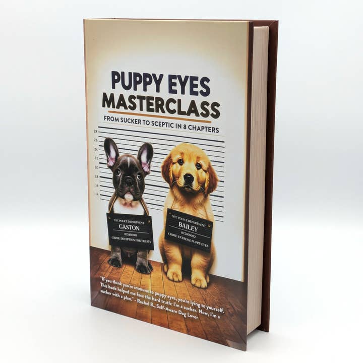 Puppy Eyes Masterclass – Faux Book Box Decorative Hidden Storage | Novelty Gift | Whimsical Home Décor for wholesale by Book Boxes