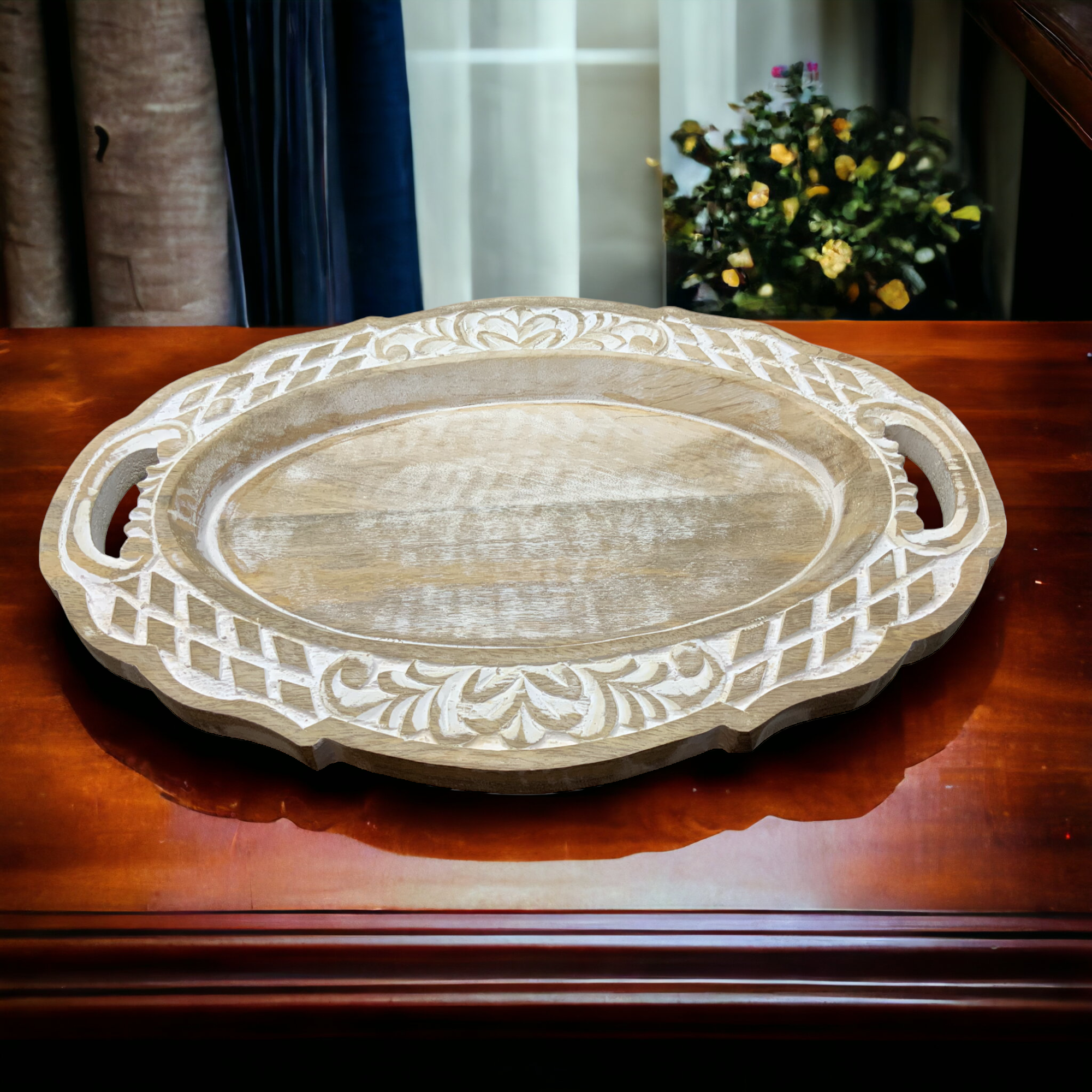 Wilco Home – Engroshandel Pyntebakke – Håndskåret massivt mangotræ Boutique-bakke0