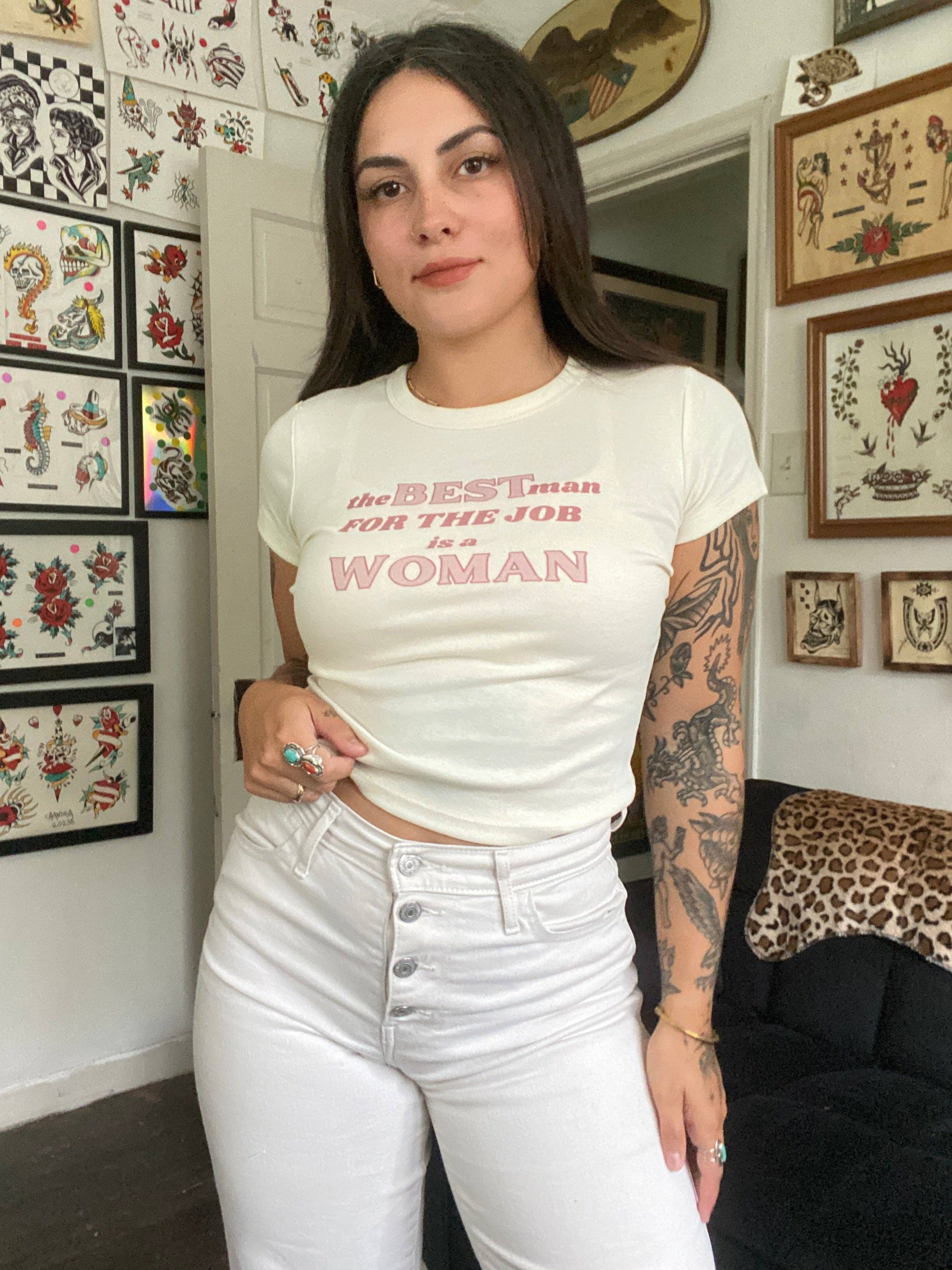 Bluebonnet Goods - Wholesale Screen Printed T-Shirt - Women's - Best Man for the Job Baby Tee2