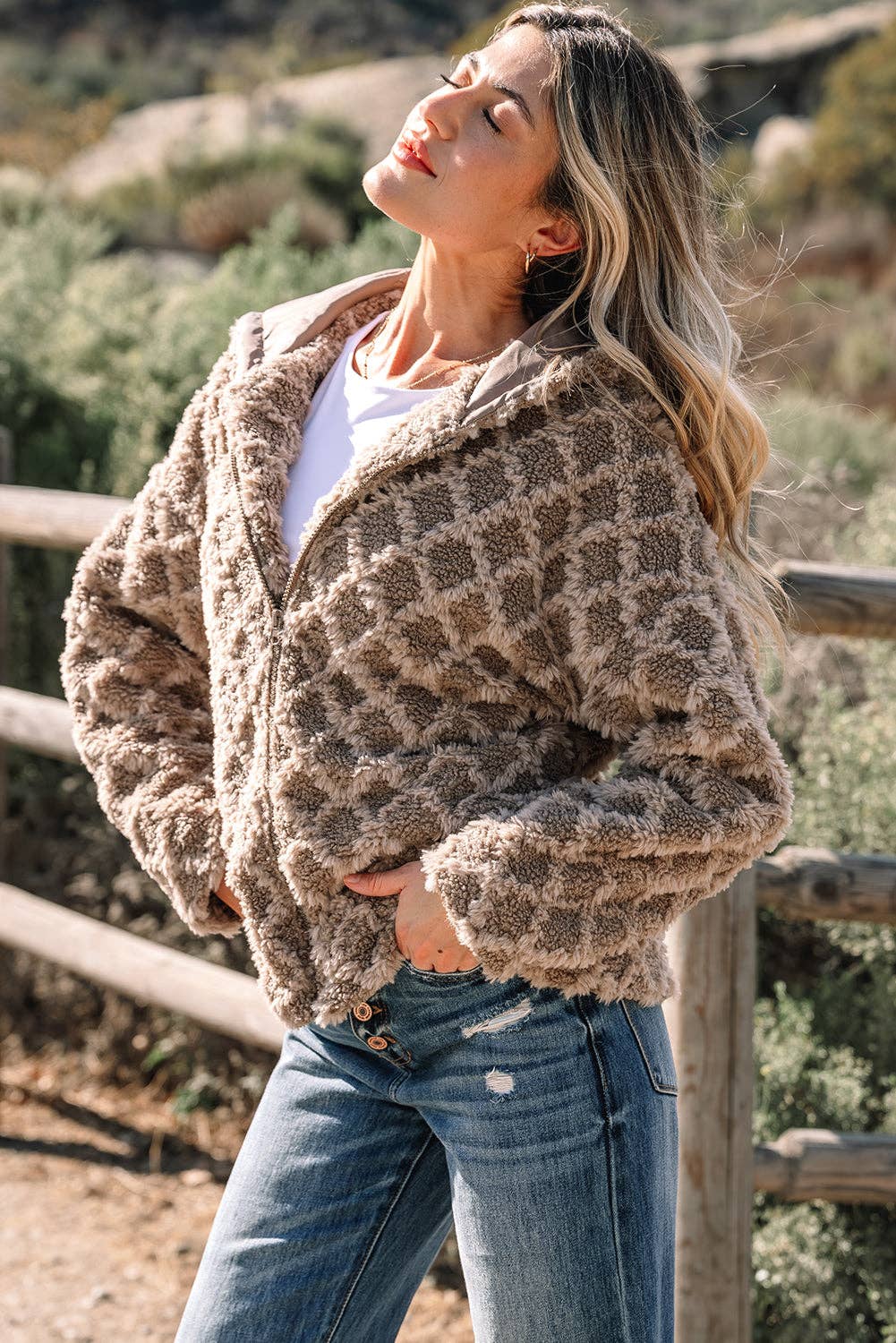 Chestnut Sherpa Rhombus Textured Zip Up Hooded Jacket for wholesale on Faire2