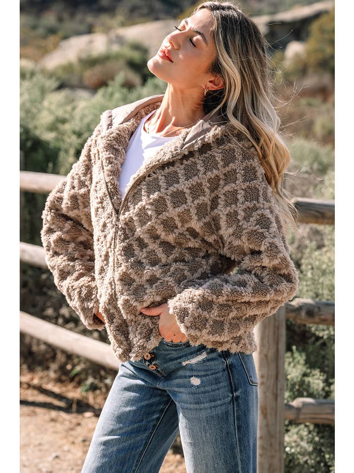 Chestnut Sherpa Rhombus Textured Zip Up Hooded Jacket for wholesale on Faire2