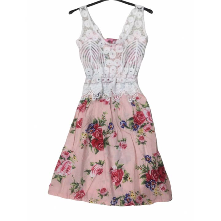 Long dress with lace bodice for child, flower pattern PINK for wholesale by red white