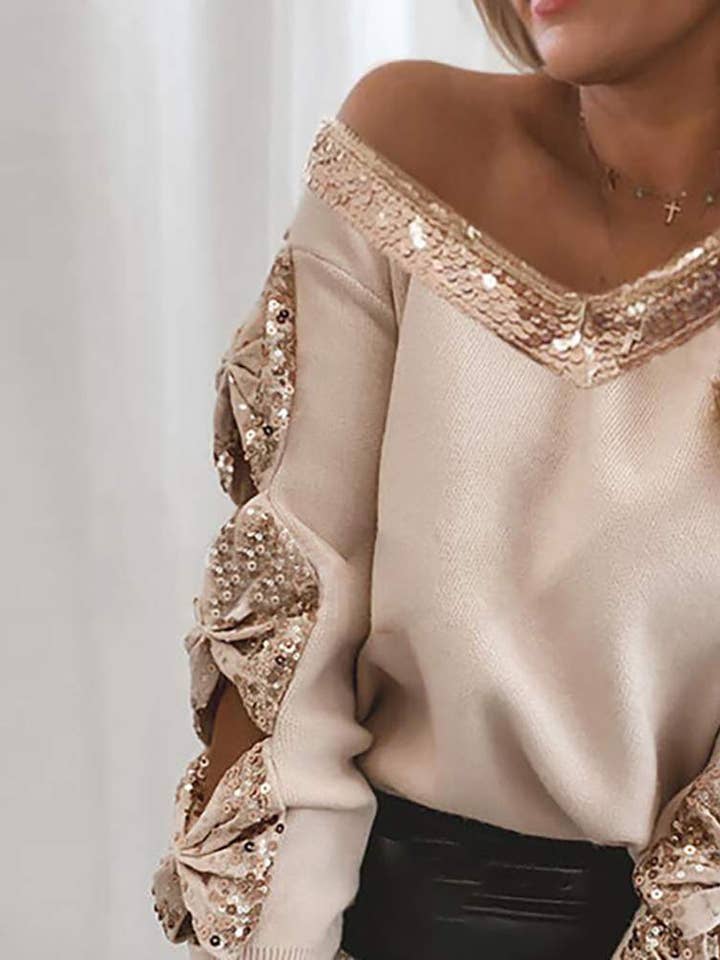 APRICOT contrast sequins bowknot design cutout sweater for wholesale on Faire