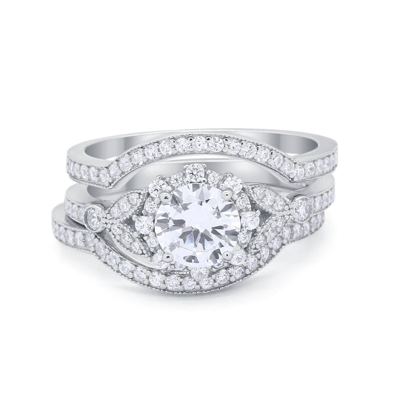 Simuliertes CZ 3-teiliges Hochzeitsring-Set mit rundem, simuliertem Zirkonia für den Großhandel auf Faire