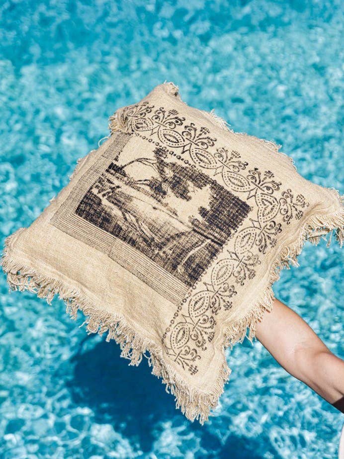 Hand printed bohemian travel-style cushion for wholesale by impressions du sud