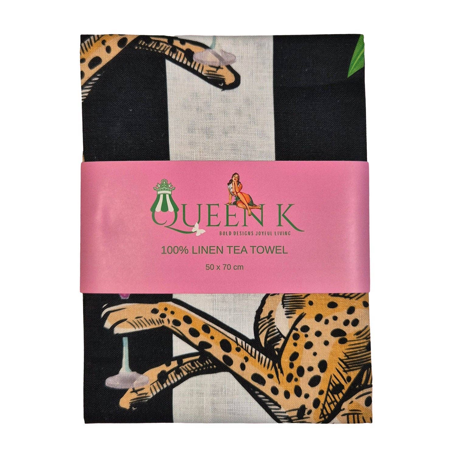 Queen K - Wholesale Tea towel - Cocktail Cheetah Black & White Striped 100% Linen Tea Towel1