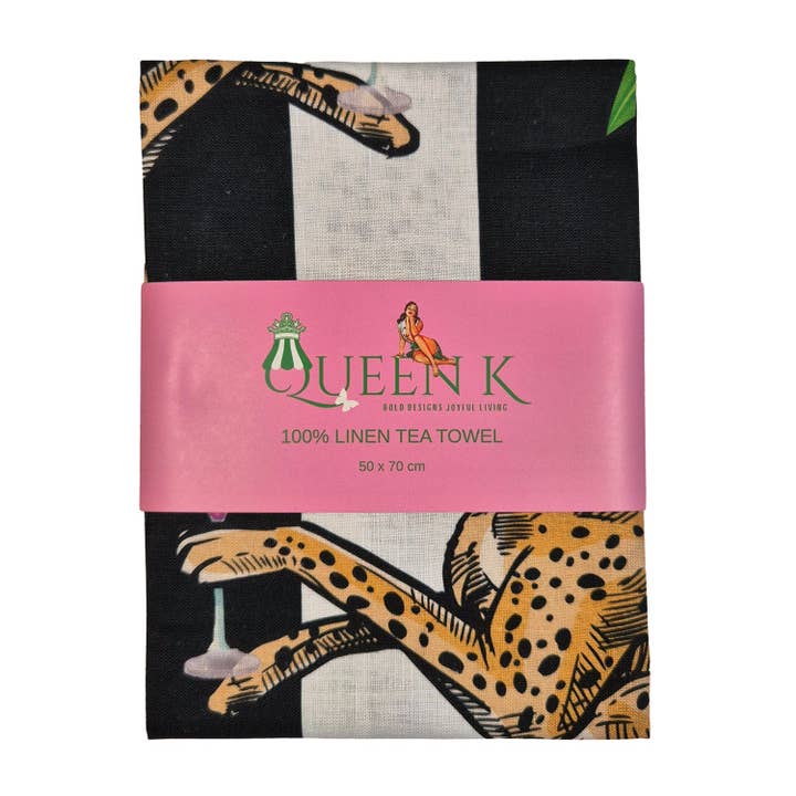 Queen K - Wholesale Tea towel - Cocktail Cheetah Black & White Striped 100% Linen Tea Towel1