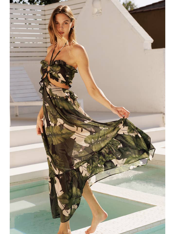 Black Leaf Tropical Palm Halter Maxi Dress for wholesale on Faire1