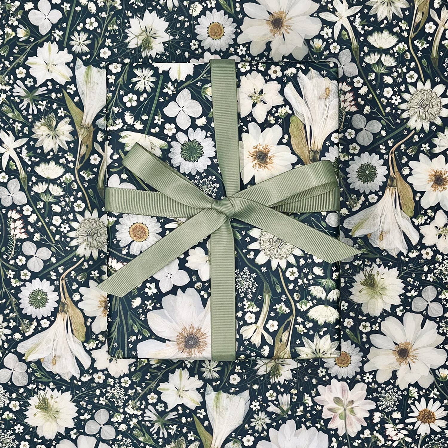 Lucy Miller Pressed Flowers - Wholesale Flat Wrap - Botanical Gift Wrap – Pressed White Flowers on Black1