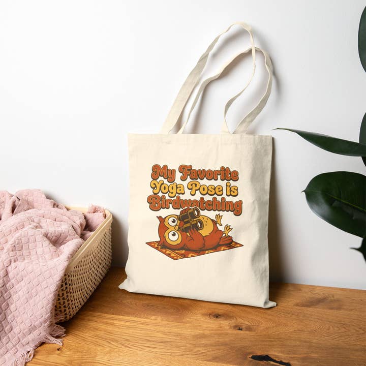 Birdwatching Yoga Pose Canvas Tote Bag for wholesale by Wandering Owl Adventure Co.