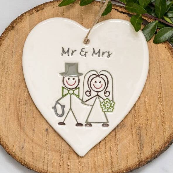 Wedding - Mr & Mrs (Bride & Groom) - Handmade ceramic heart for wholesale by Broadlands Pottery
