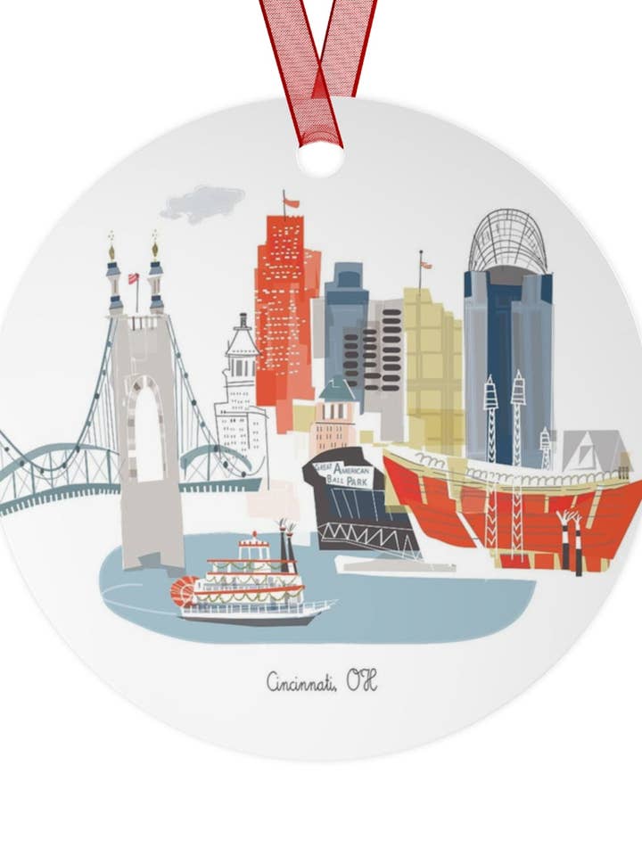 Ornamento de Metal da Cidade de Cincinnati, OH | opção personalizada disponível por atacado de Albie Designs