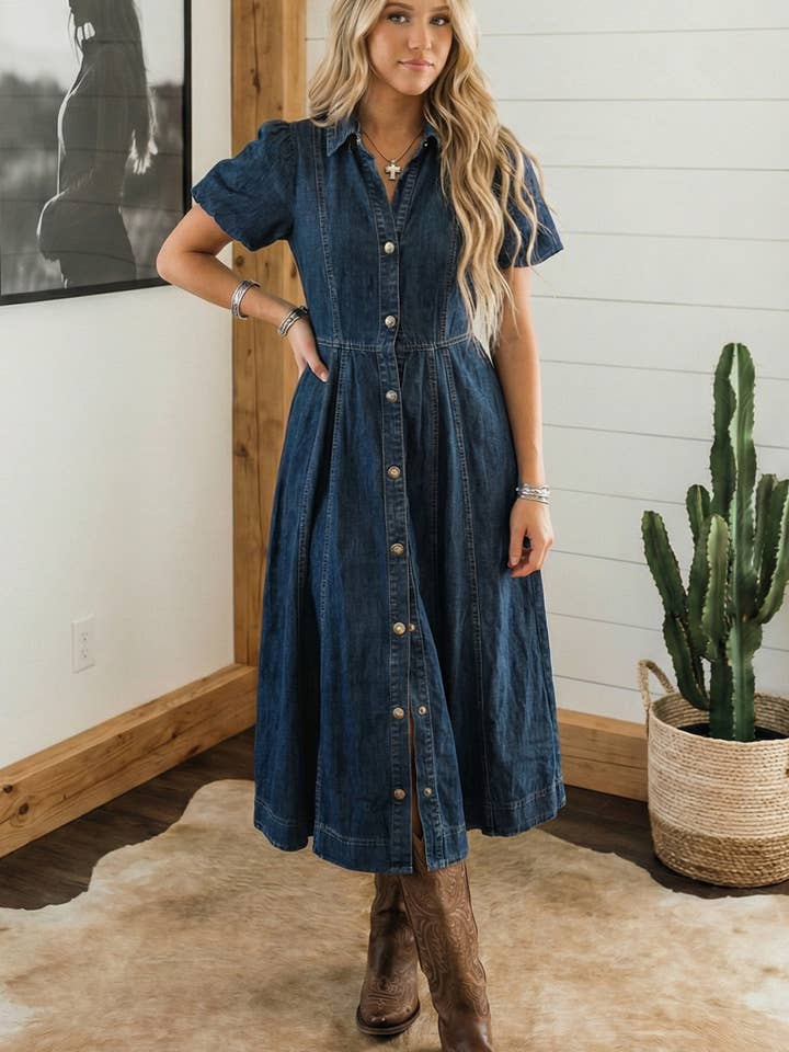 LAS Full Buttons Bubble Sleeve Long Denim Dress (S-XL) for wholesale by LA Society