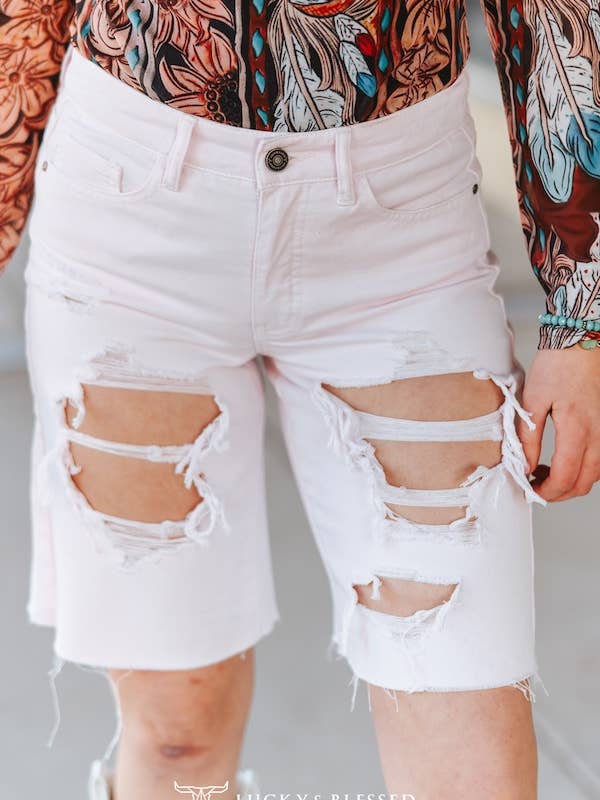 Pink Distressed Frayed Hem Bermuda Shorts (11in) for wholesale by LUCKY & BLESSED