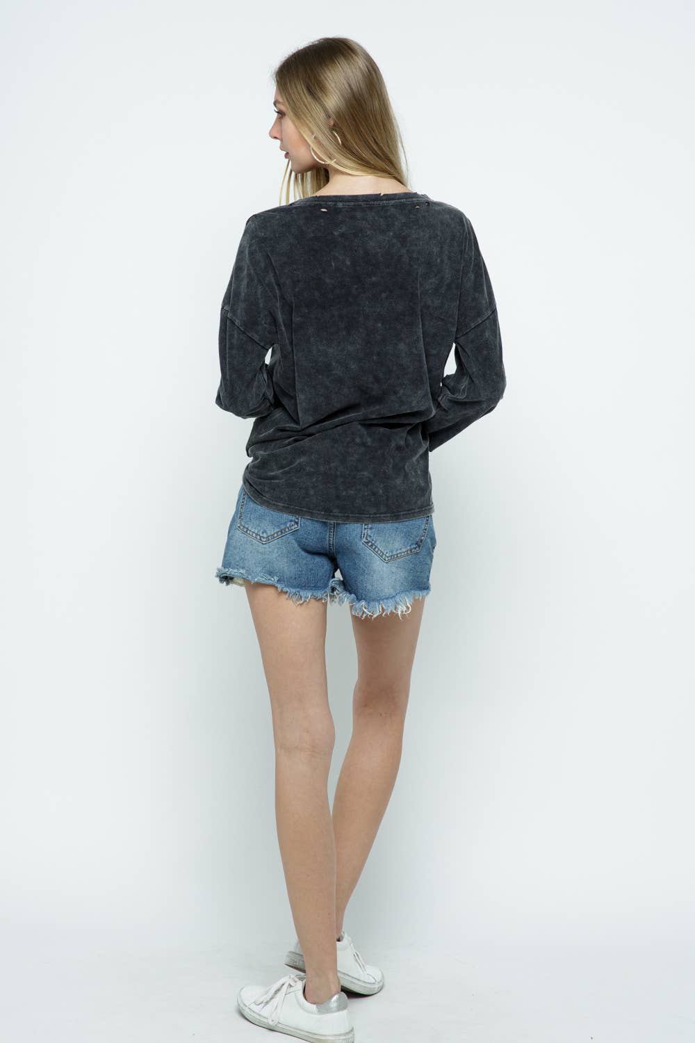 CHARCOAL 12567T - MINERAL WASHED DISTRESSED KNIT TOP for wholesale on Faire4