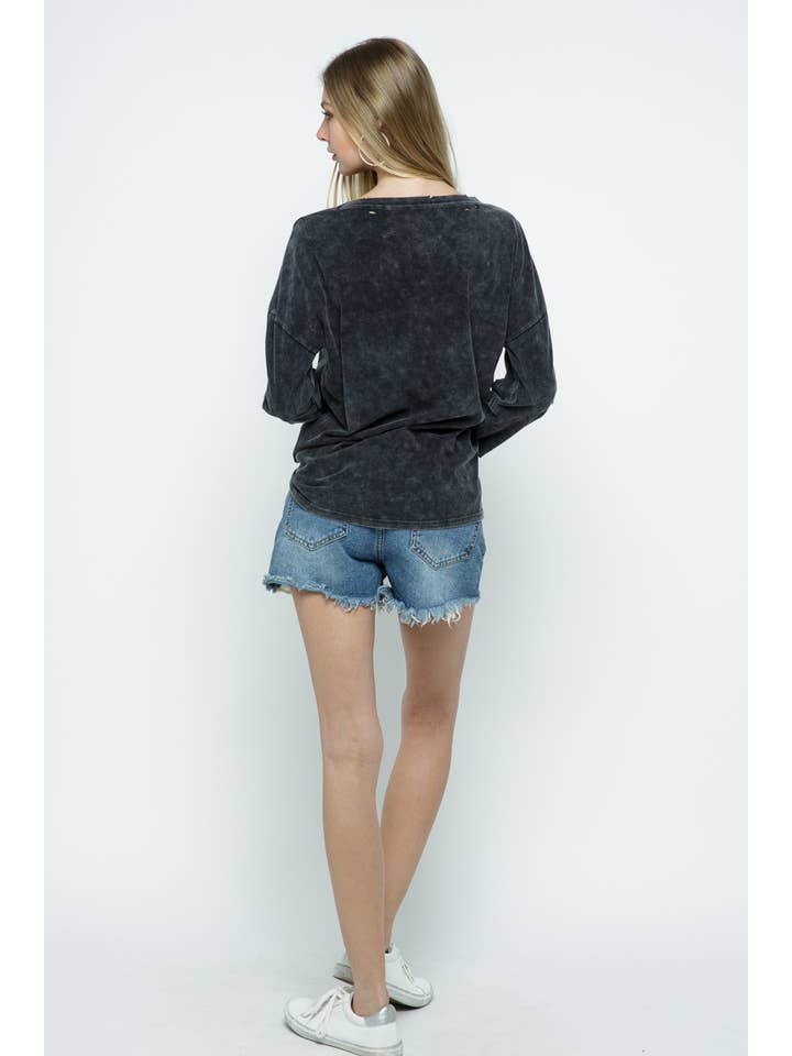 CHARCOAL 12567T - MINERAL WASHED DISTRESSED KNIT TOP for wholesale on Faire4