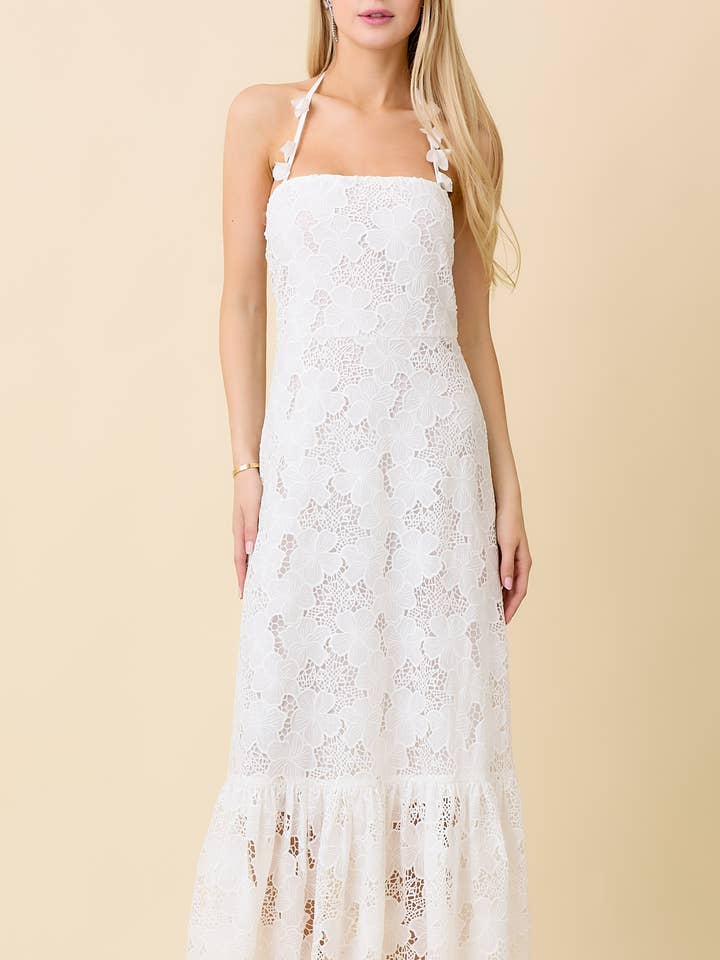 Halter Tie Summer Midi Lace Dress With Flower Trim for wholesale by Main Strip