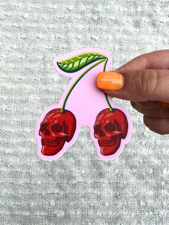 Cherry Spooky Skull Halloween Water Bottle Sticker, Decal for wholesale by liadelyonart