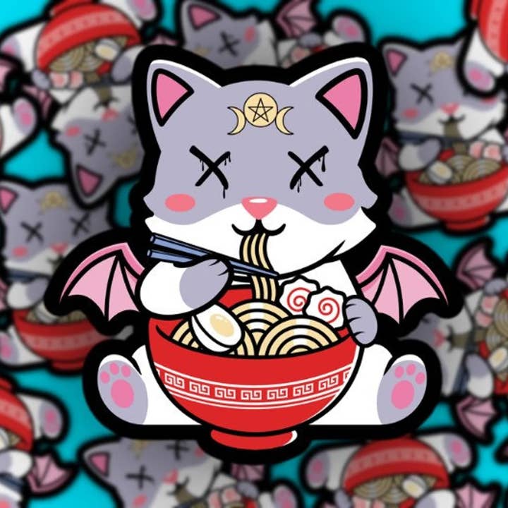 Ramen Cat Sticker - Pastel Goth Bat Kitty - Noodle Bowl for wholesale by Pretty Toxic Stickers