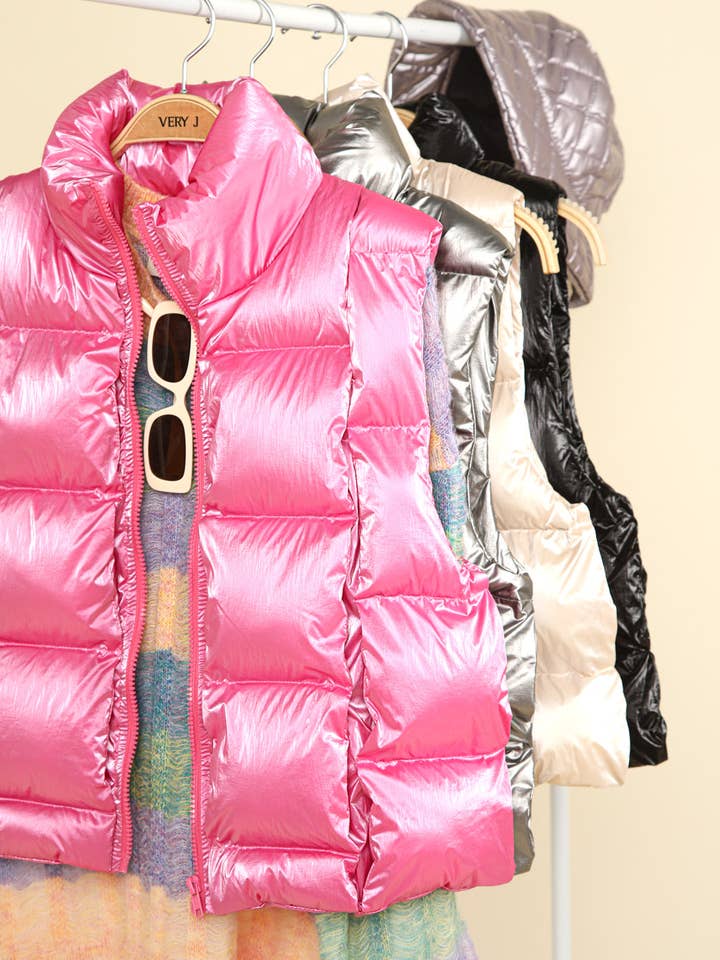 VERY J - Wholesale Outerwear Vest - Women's - NJ90293-Shiny Metallic Zip Up Puffer Vest