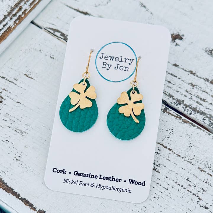Small Teardrop Earrings: Green w/Gold Shamrock Charm for wholesale by Jewelry By Jen