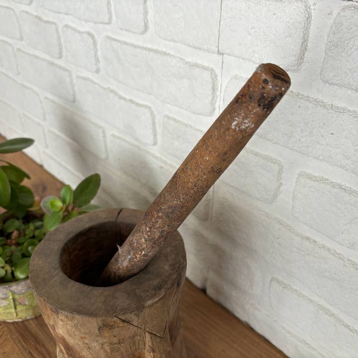 Rustic Remnents - Wholesale Mortar & Pestle - Antique Wood Mortar and Pestle, Large Heavy Solid Mortar