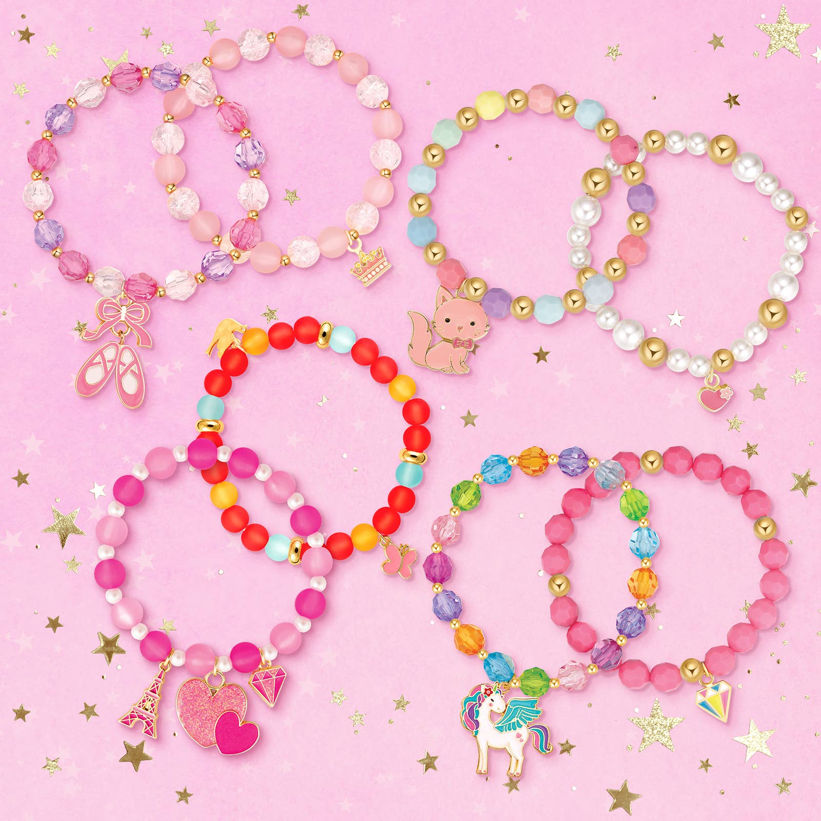 Girl Nation - Wholesale Beaded Bracelet - Kids - Pretty in Pink Tower | Case of 24 Bracelets + Free Display1