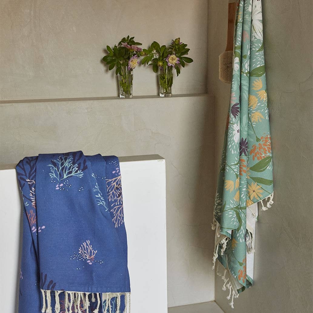 Sylvie Thiriez – Großhandel Badetuch – Fouta Océan – Blaue Baumwoll-Fouta mit Meeresmotiv1