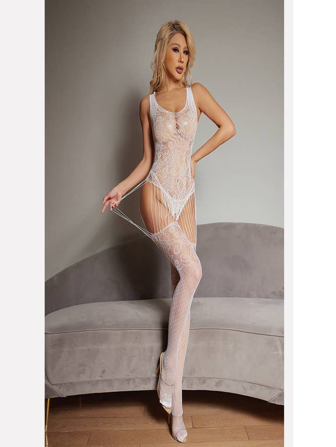 Sexy Women Lace Hollow Out Open Bust Dress See Through Milk Ice