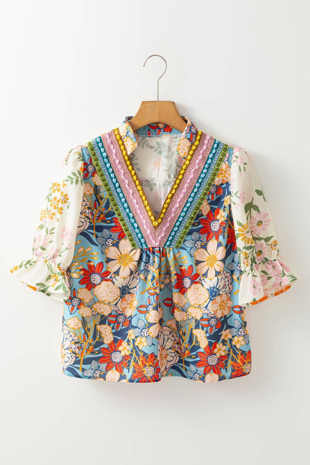 Multicolour Crochet V Neck Half Sleeve Boho Floral Blouse for wholesale on Faire2