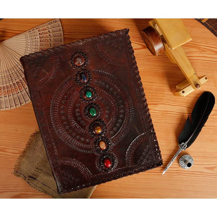 Tuzech Leather - Wholesale Dagboek/agenda - TUZECH Vetleren 600 Pagina's Dagboek Groot | Zeven Stenen Lederen Notitieboek Dagboek | Blanco Handgemaakt Boek Schetsboek | Kerstcadeau Dagelijks Gebruik