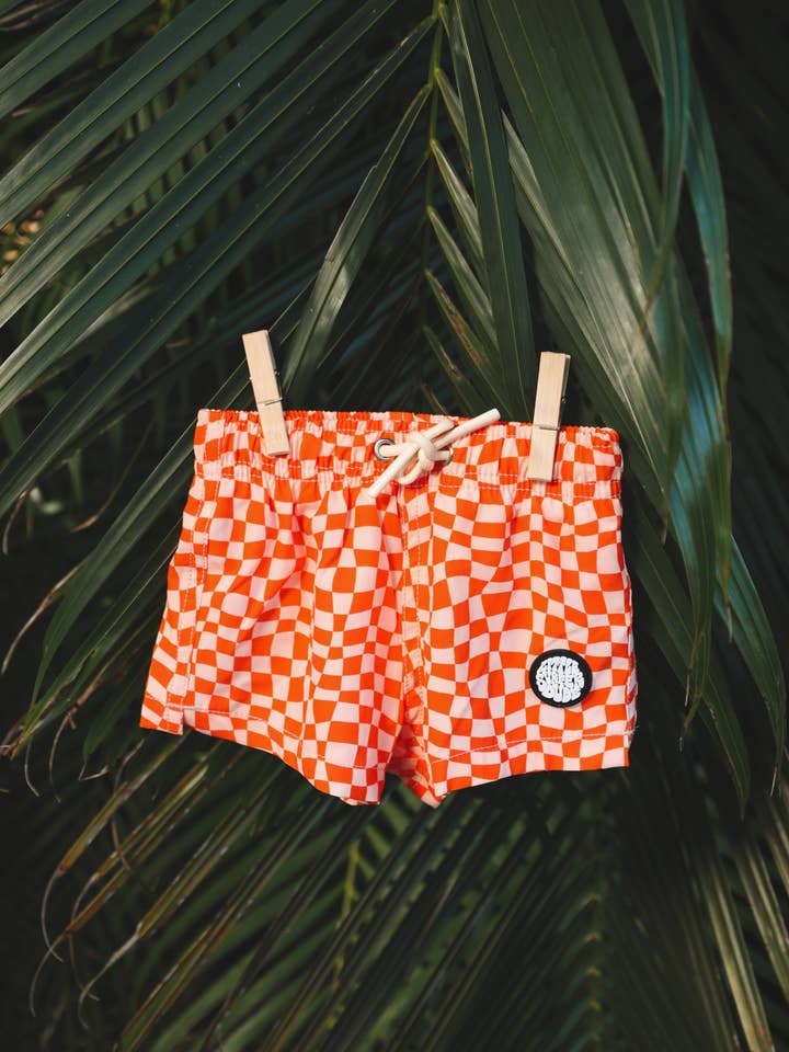 The Little Surfer Dude - Wholesale Swim Shorts - Kids - Red Checkered Swim Trunks