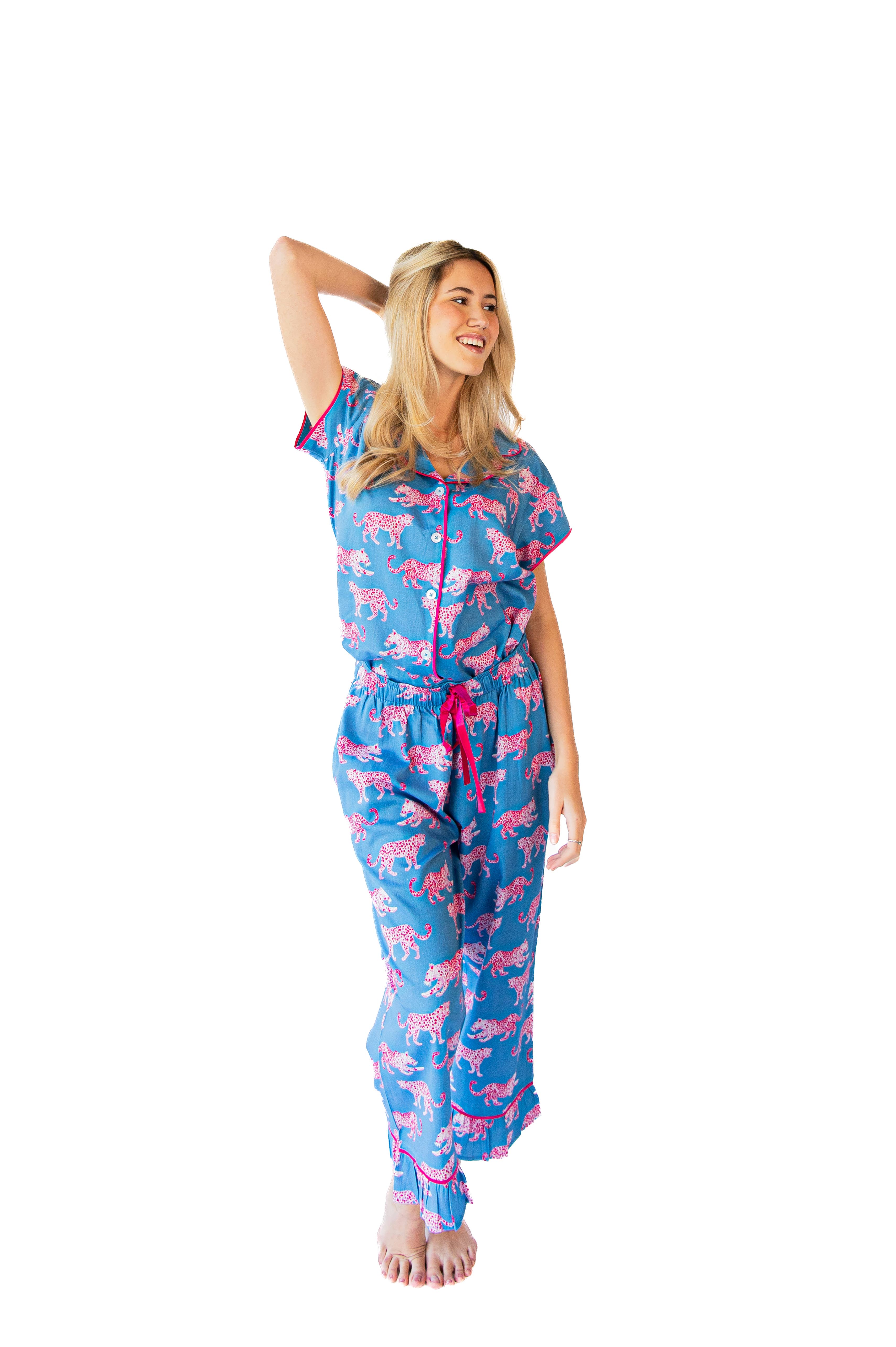 Pink Leopards Luxe Sateen Capri Pajama Set - Blue & Pink for wholesale on Faire2