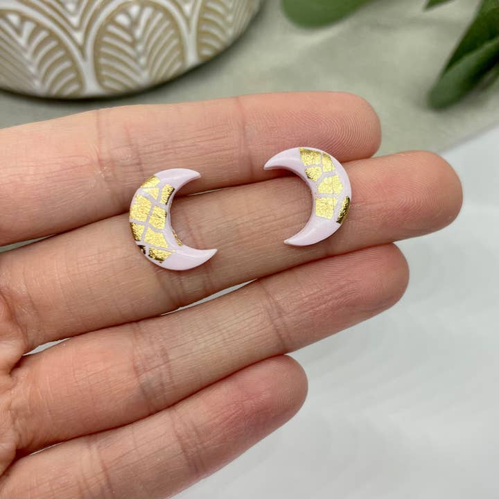 Brincos lua | brincos de argila de polímero | folha rosa e dourada | por atacado de Moon and Jewel