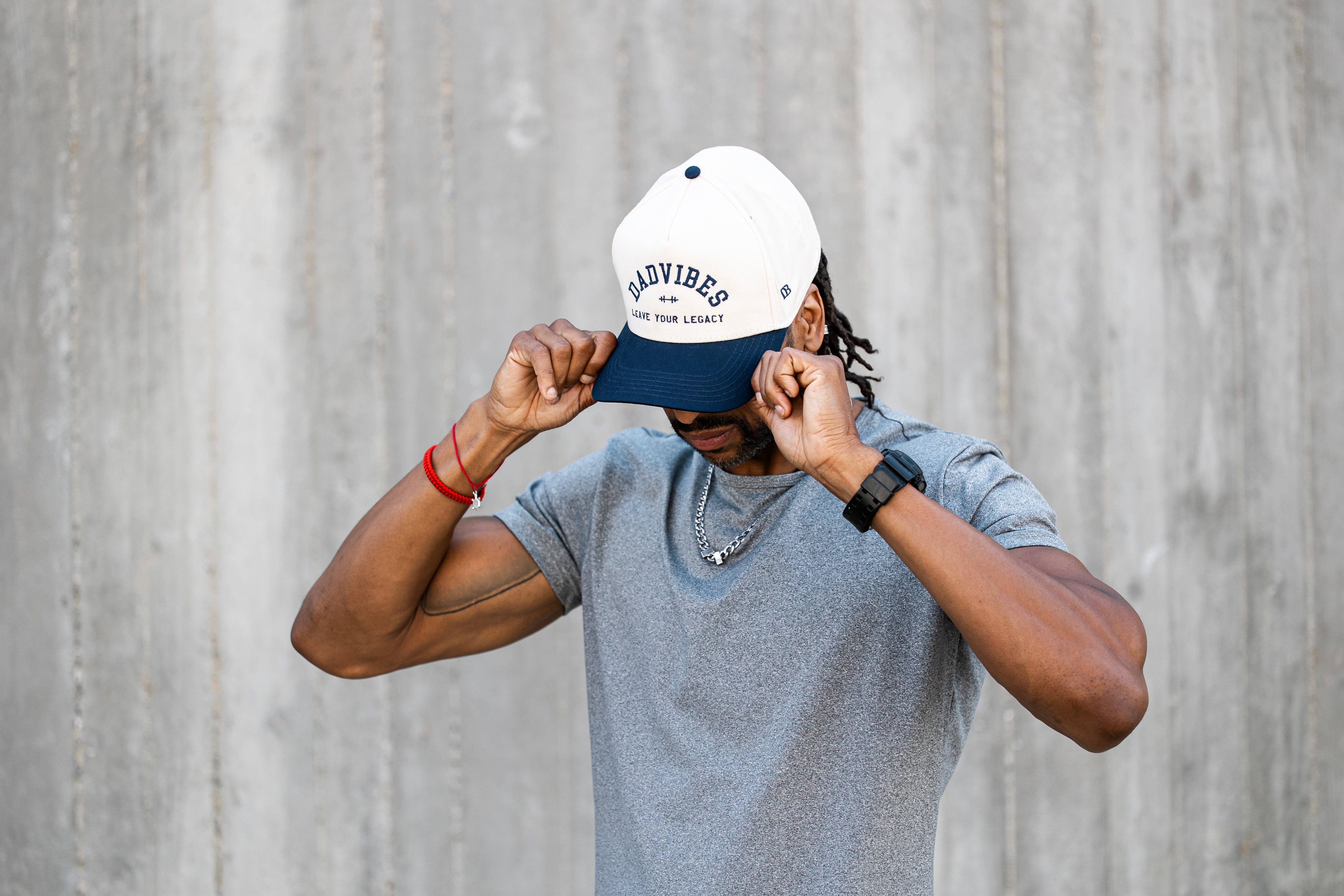 Dadbod Apparel – wholesale Baseball cap – Men's – DadVibes 5 Panel Hat (Cream/Navy)1