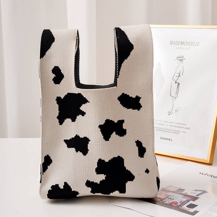 ACCITY - Wholesale Tote Bag - Women's - COW PATTERN CUTE KNOT WRISTLET KNITTED TOTE BAG_CWAB08801