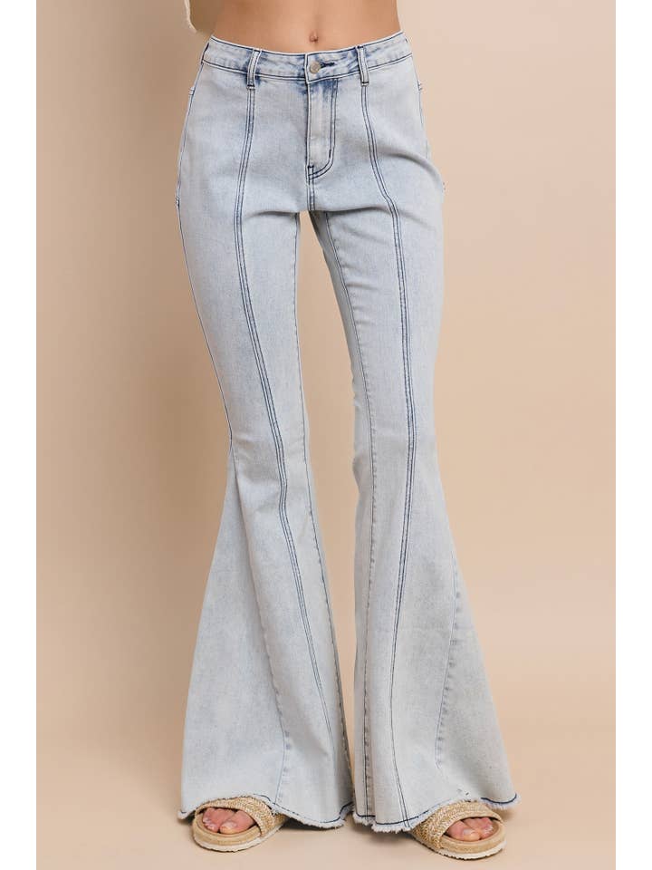 WISTERIA LANE - Wholesale Jeans - Women's - SUEDE STAR FLARED DENIM PANTS - 2317 LT DENIM/ YELLOW
