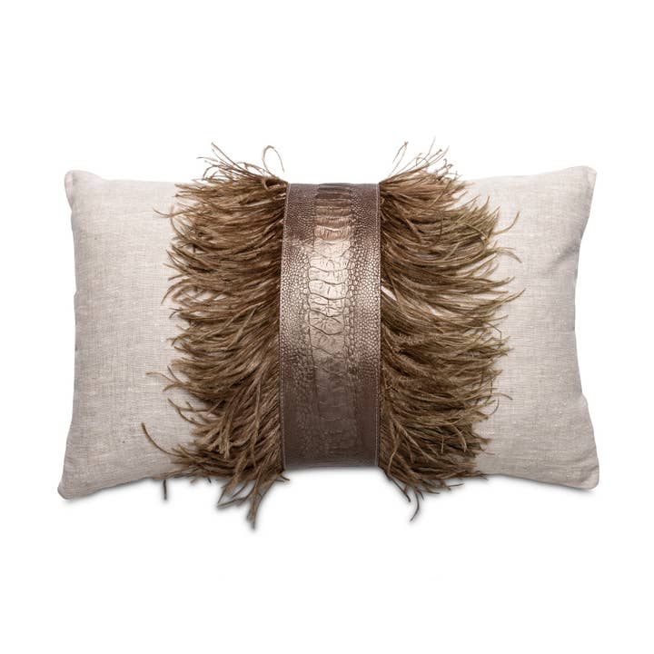 Ostrich Trim Pillow - Old Gold / Linen for wholesale by Ngala Trading