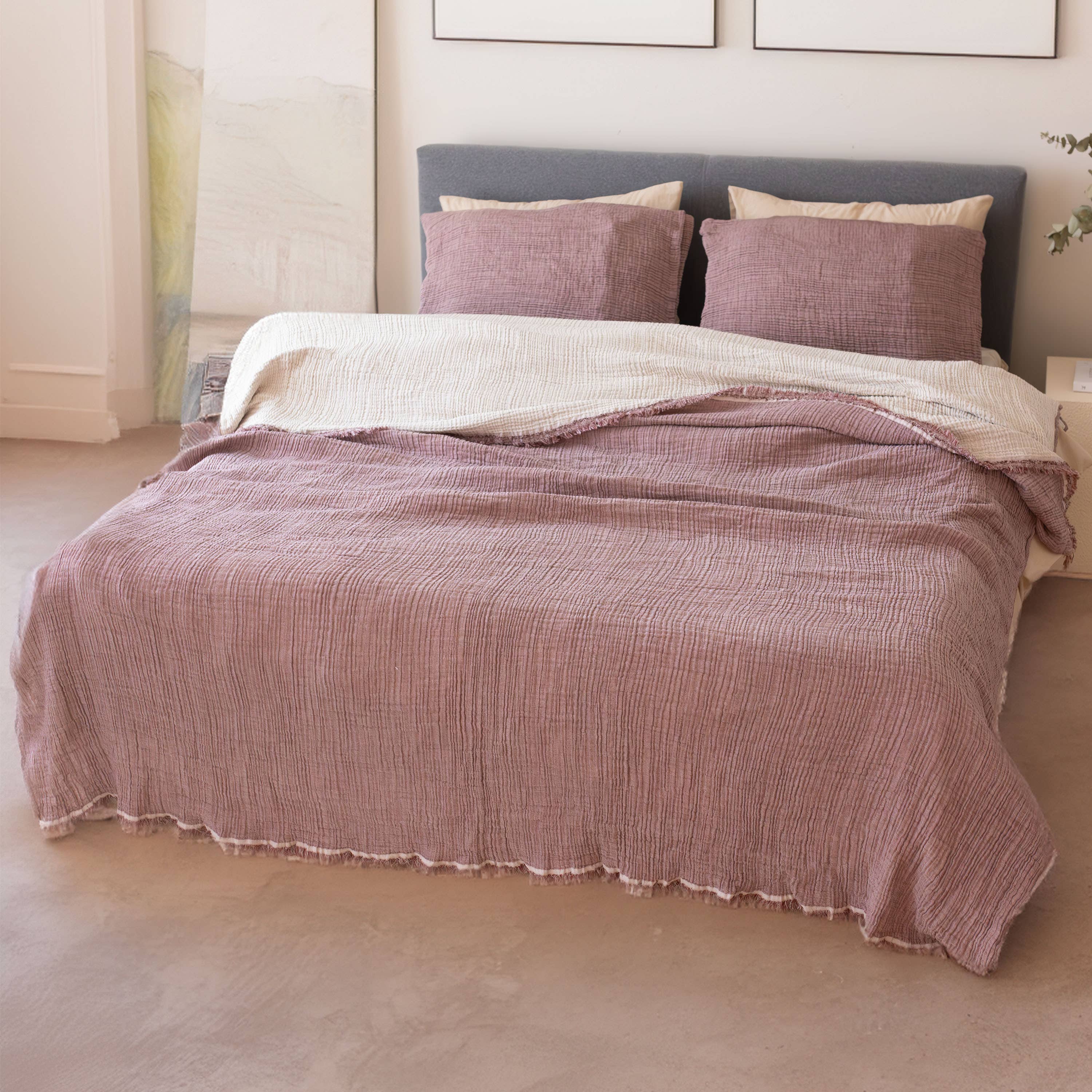 Vivamaison - Vente Plaids - Couvre-lit en mousseline frangé 100 % coton doux, 4 couches premium72