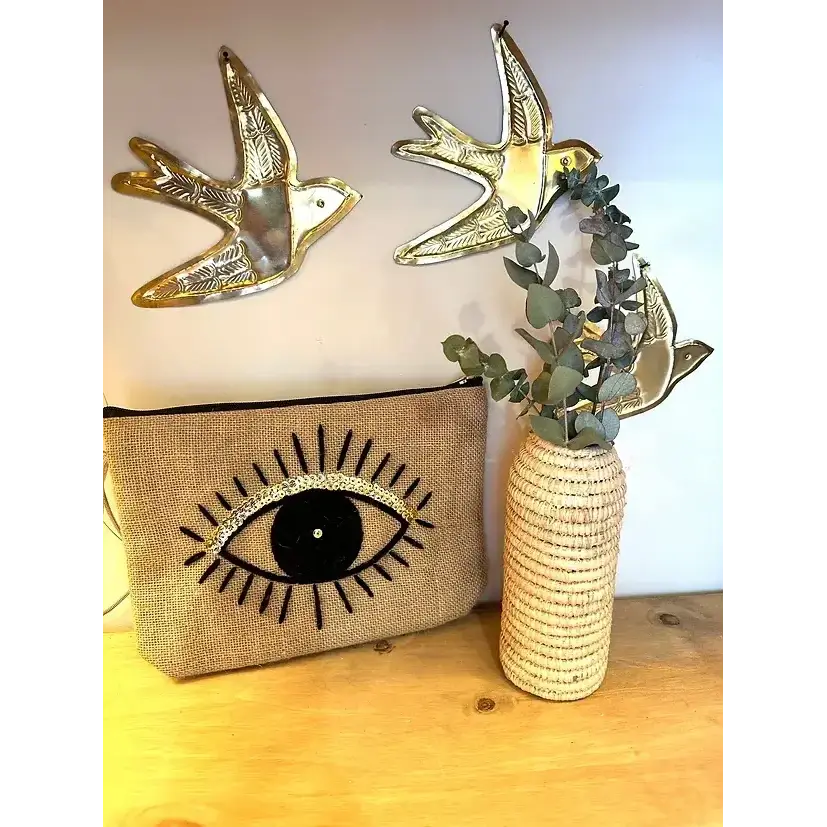 High crafty - Vendita all'ingrosso Astuccio - Donna - Pochette in Juta Fatta a Mano – Design Occhio o Occhiolino Ricamo in Lana Nera2