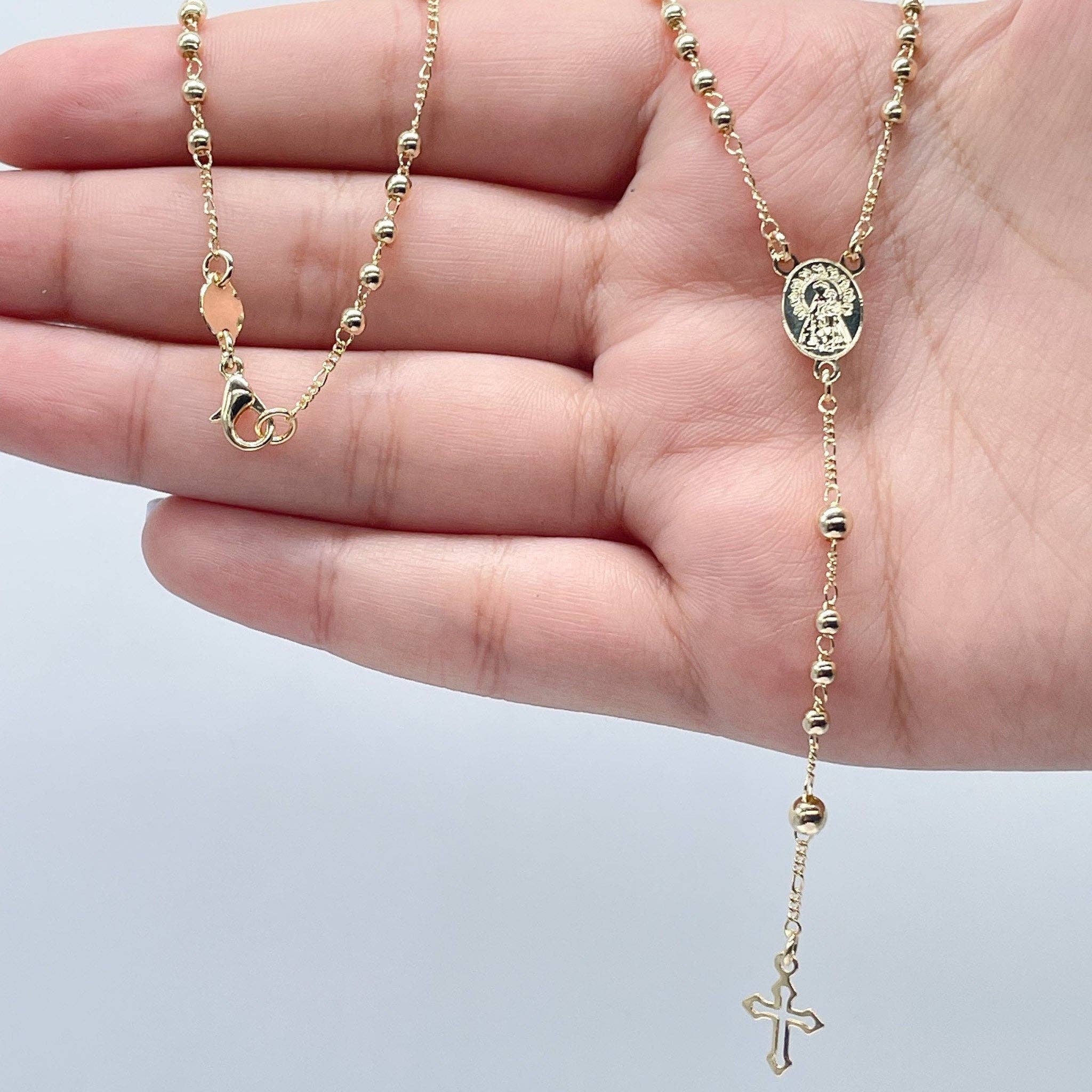 Milie - Wholesale Prayer Beads Necklace - 18k GF Rosary Necklace: Beaded Virgin Mary Medal, Tiny Cross1
