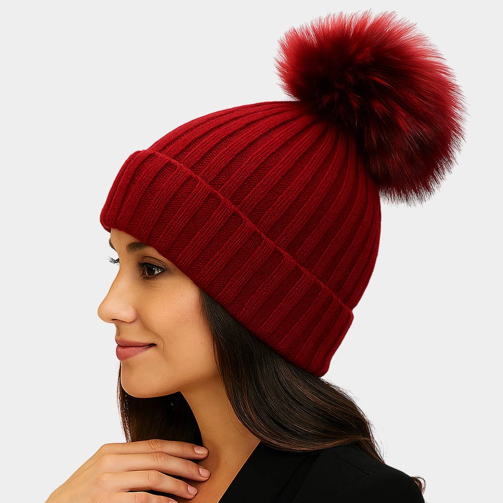 Sensibling Corp. – Großhandel Beanie – Damen – Gestrickte Mütze mit Fuchspelz-Bommel für den Winter5