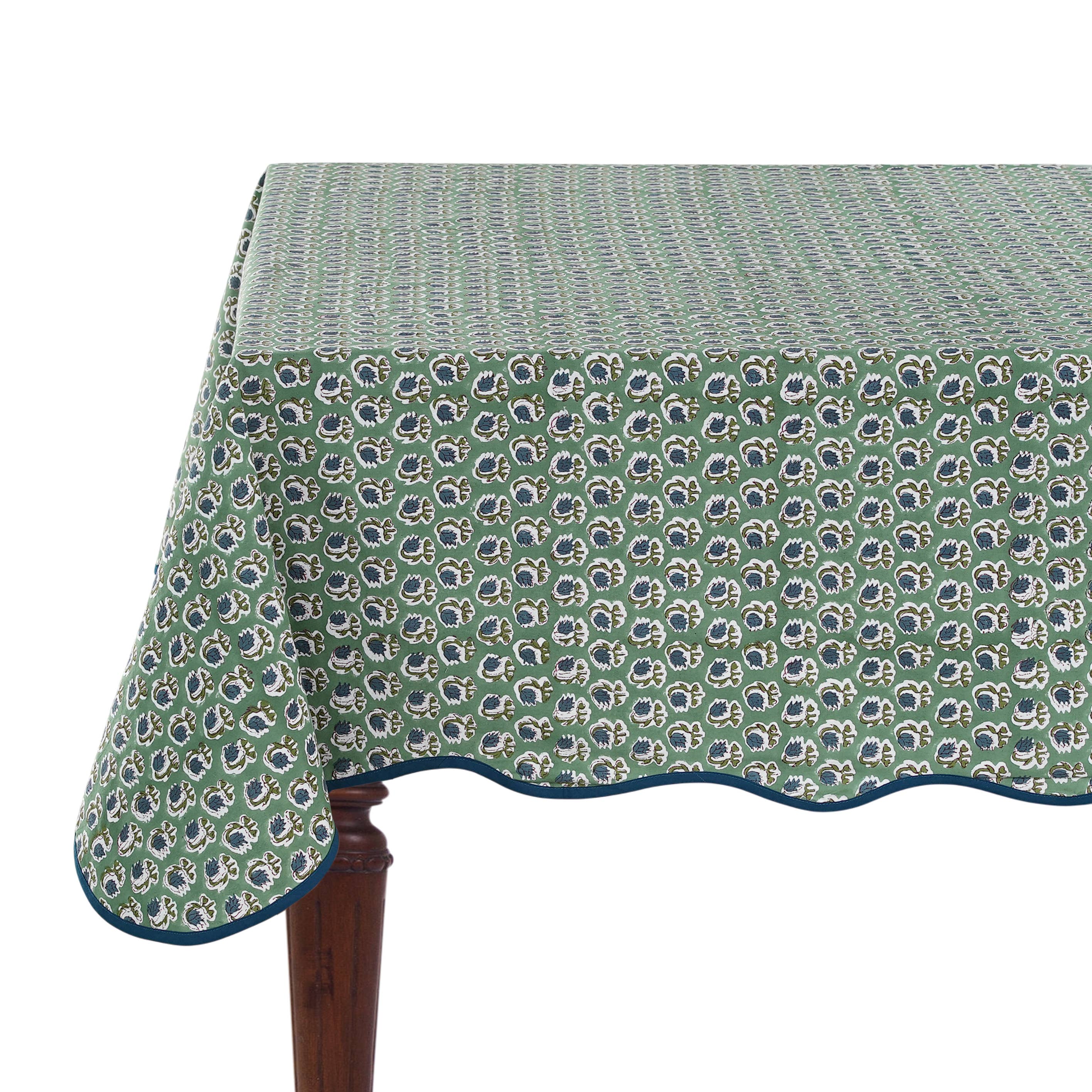 Fabricrush - Wholesale Tablecloth - Basil Green Block Printed Piping Tablecloth 100% Cotton  1