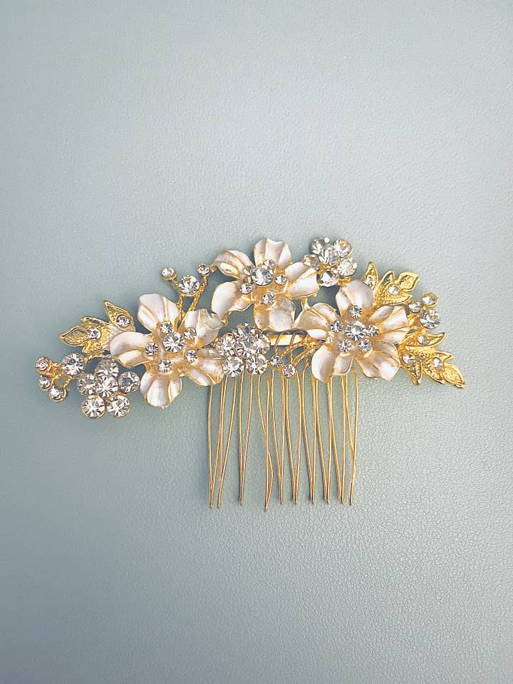 MARA - Metal Flowers With Round Crystal Hair Comb In Gold for wholesale by JohnnyB Jewelry