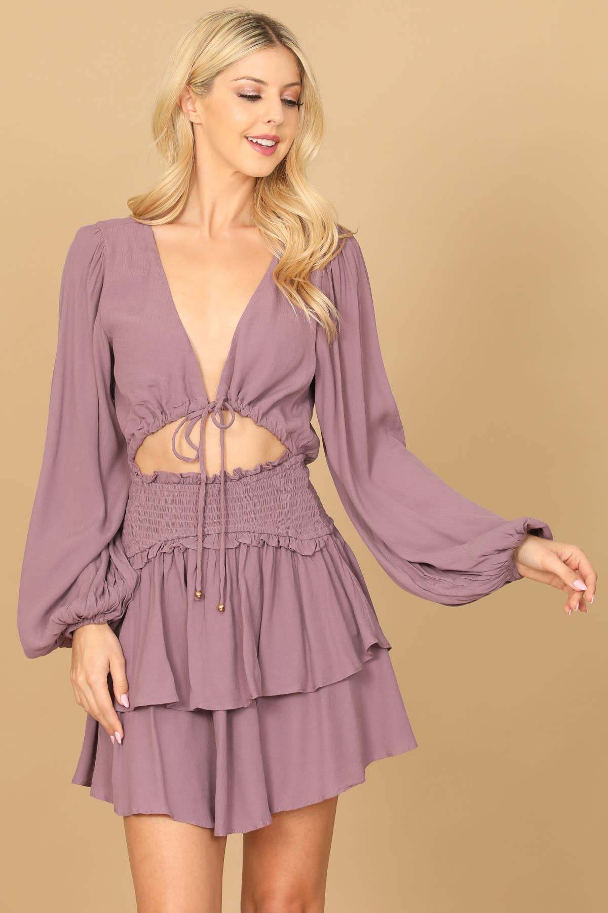 MYS Wholesale Inc - Wholesale Dress - Women's - Front Cut-Out Deep Neck Tiered Hem Dress0