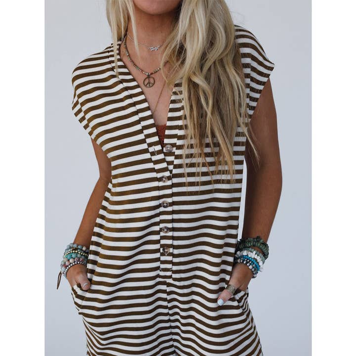 UNISHE - Venta al por mayor Peto - Mujer - Mono sin mangas holgado de punto veraniego a rayas acanaladas CY1760