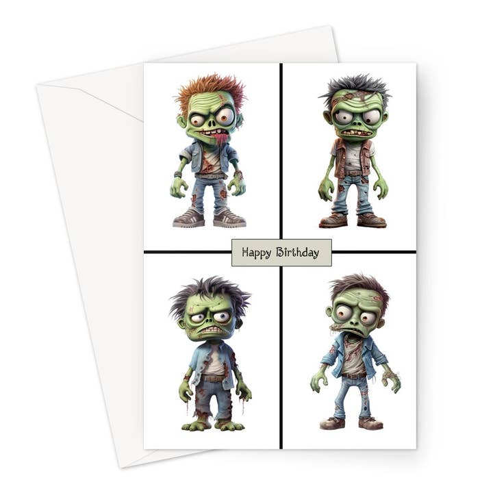 Quad Zombie Birthday Greeting Card for wholesale by Wild And Arty